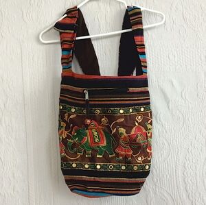 Handmade Elephant Embroidered Shoulder Bag Boho Brown Gold Hippie Fair Trade